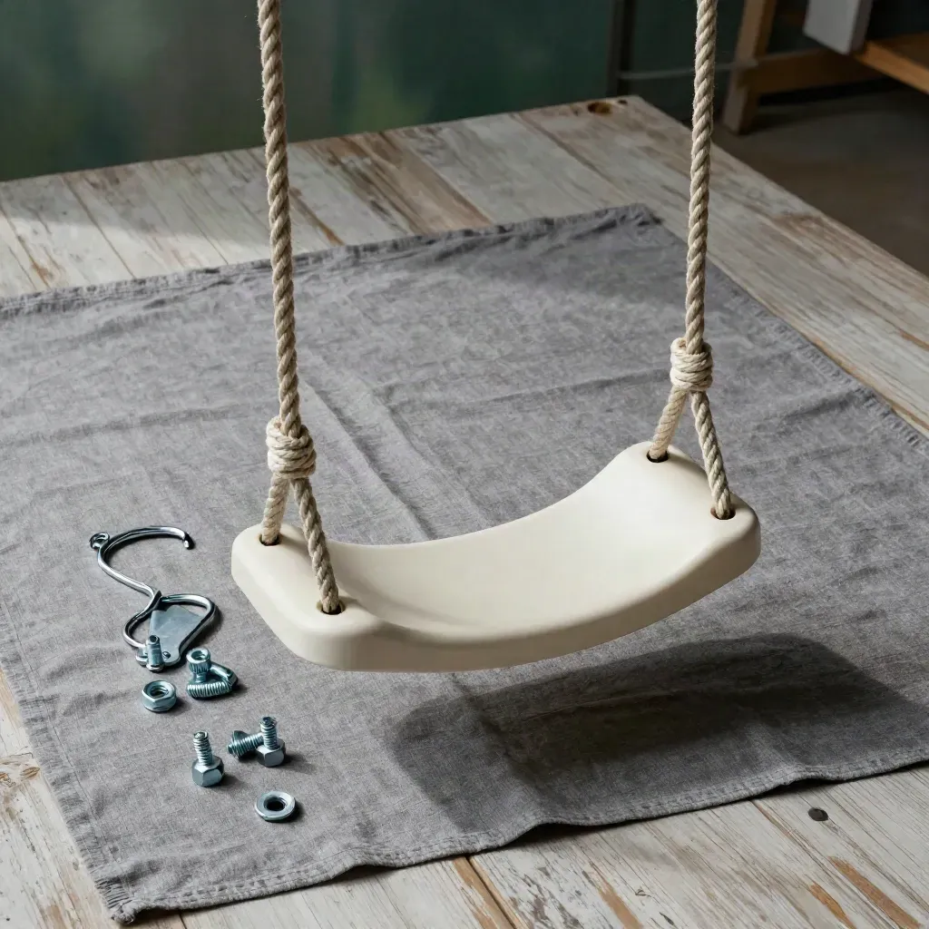 Flat lay of a complete tree swing kit with seat, ropes, hanger brackets, and hardware on linen.