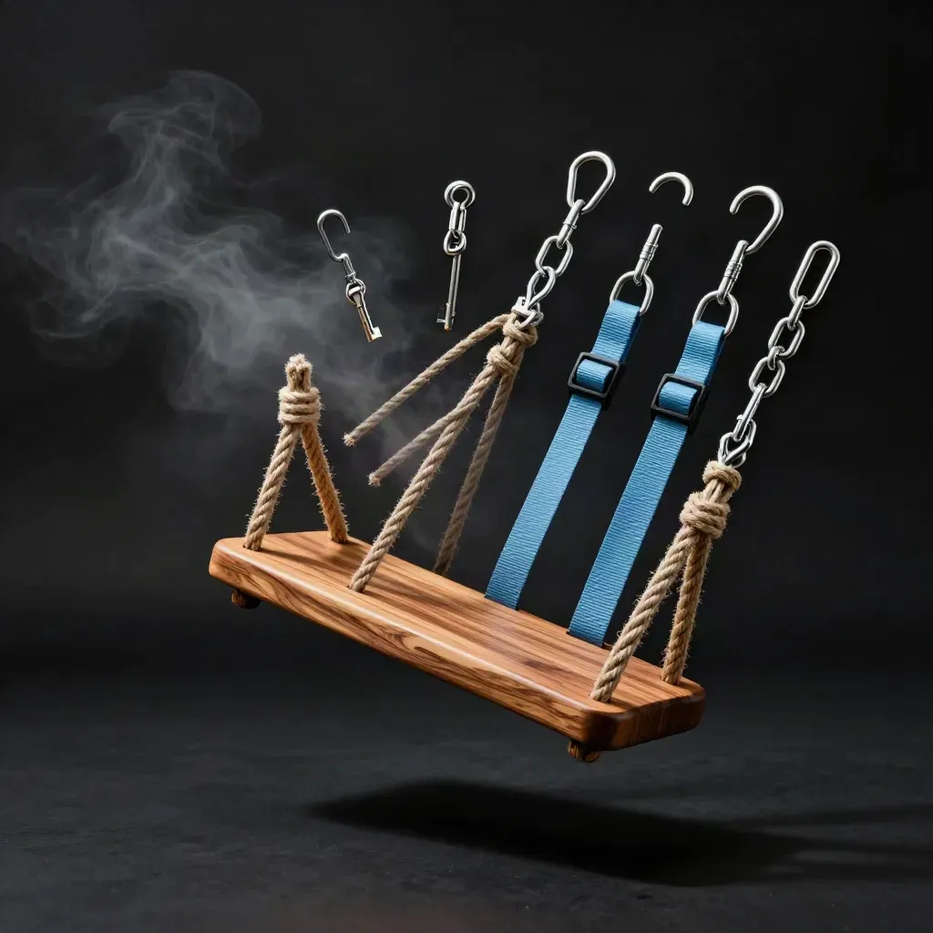 Cedar swing seat, ropes, hangers and straps arcing through mist on a dark studio surface.