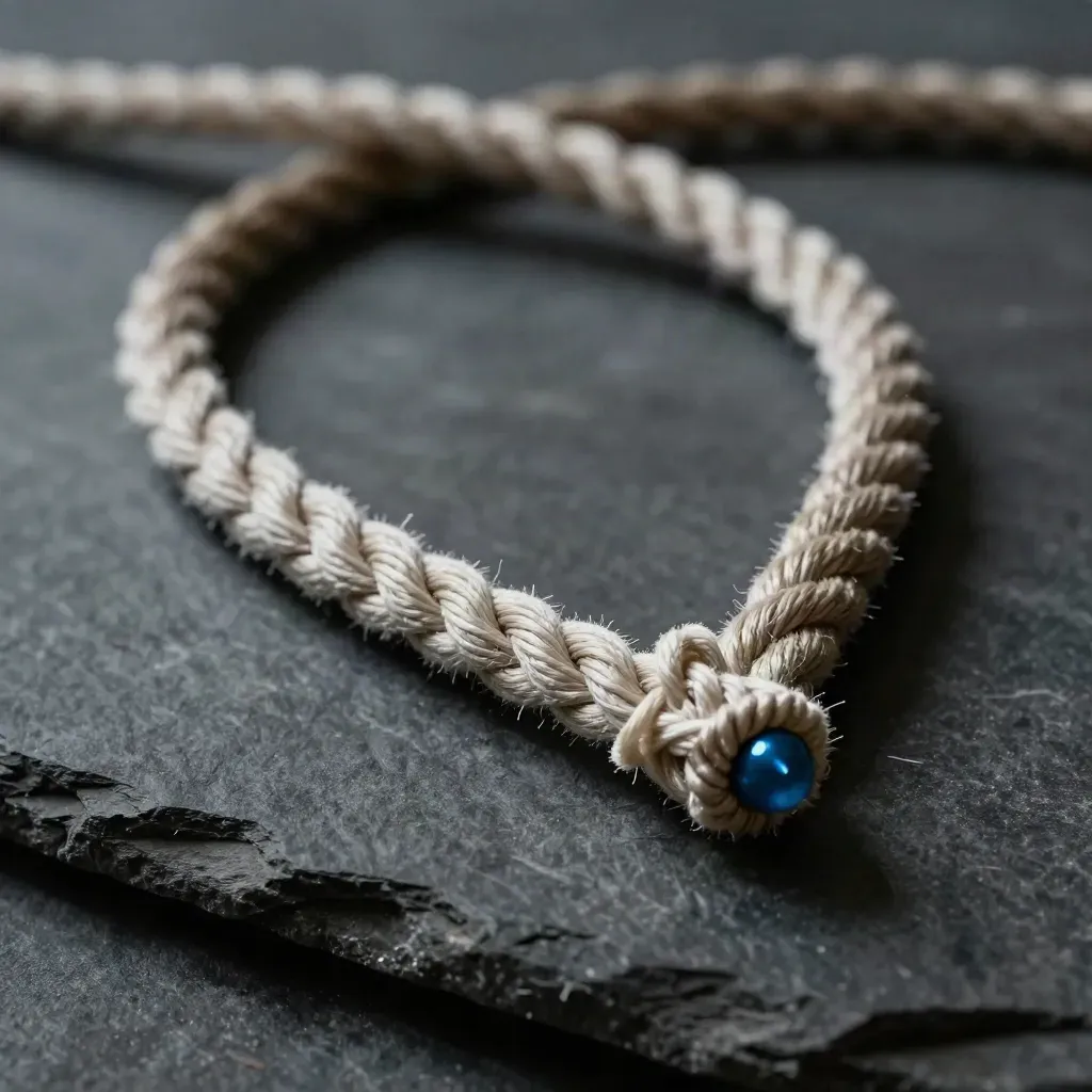 Braided rope swing line curves across dark stone with a tiny keeper and cool sky-blue glint.