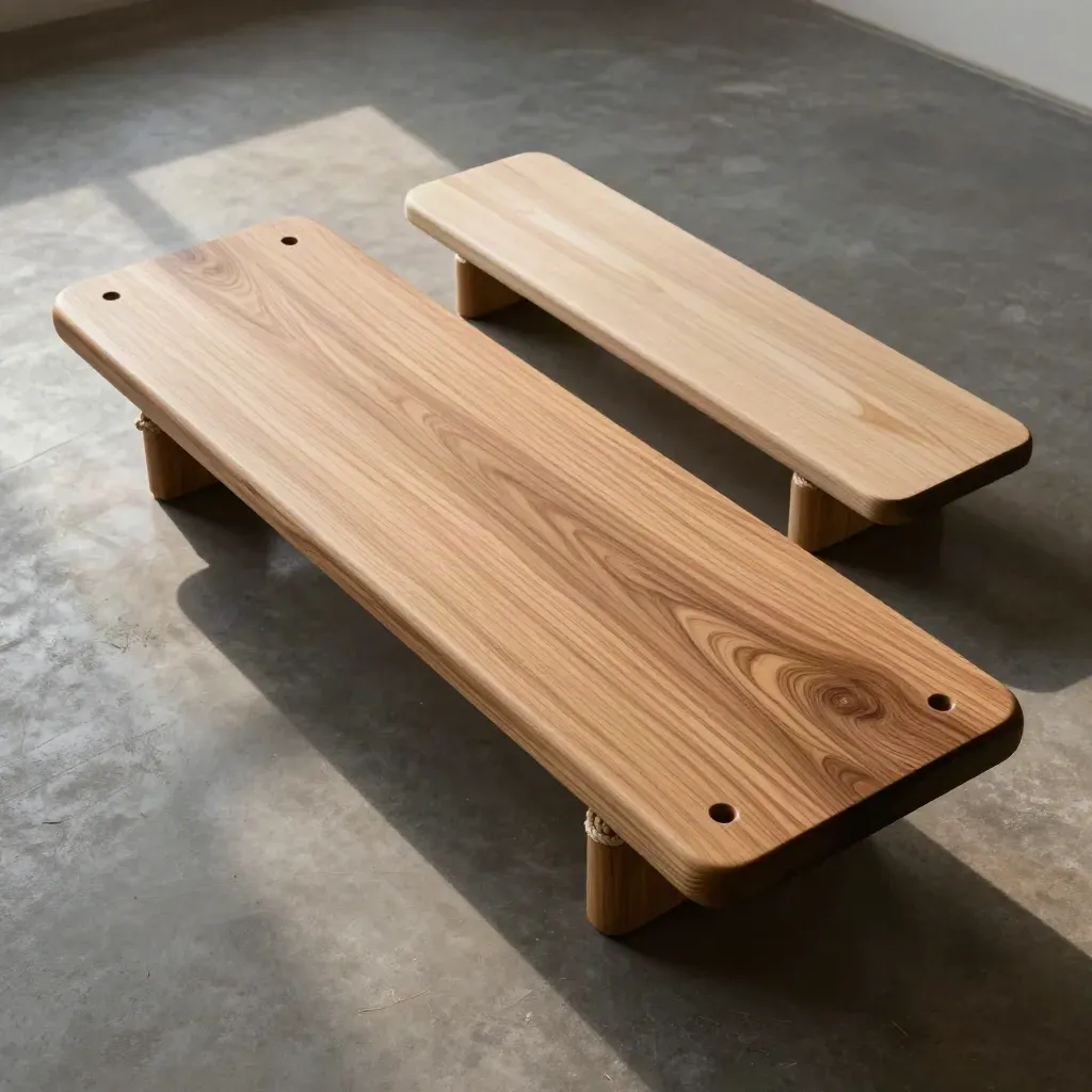 Cedar swing seat flatlay with a second blank seat on concrete, lit from above left.