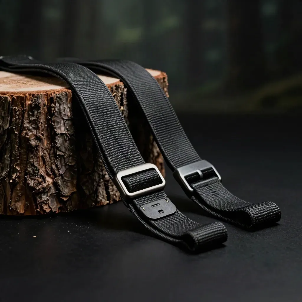 Two tree swing straps with metal buckles beside bark on a dark studio surface.