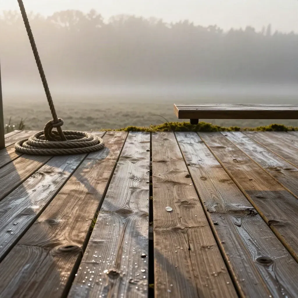 Weathered cedar deck boards with rope coil, swing seat edge, moss, and misty trees at dawn.